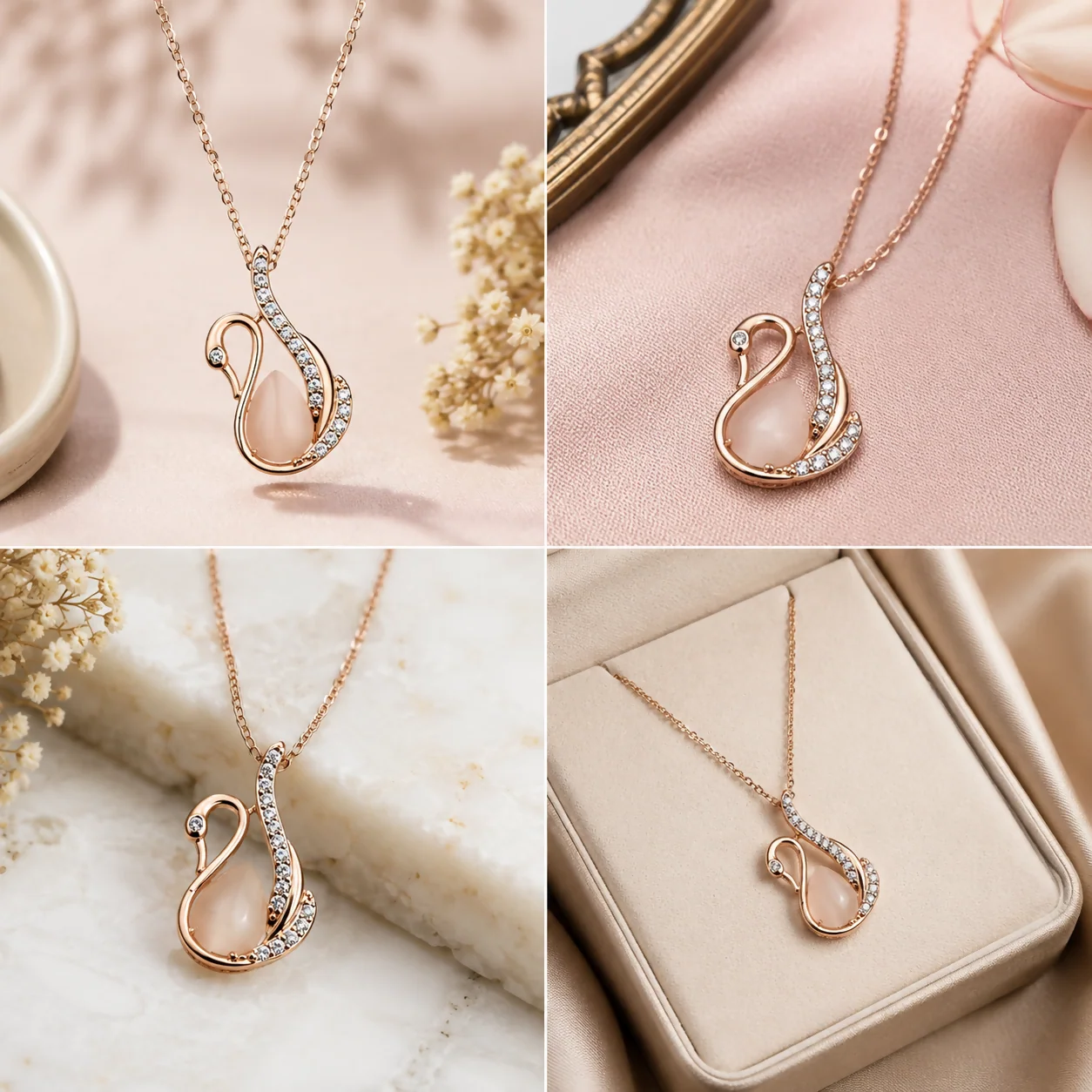 Graceful Rose Gold Swan Pendant Necklace with Opaline Teardrop & Crystal Accents