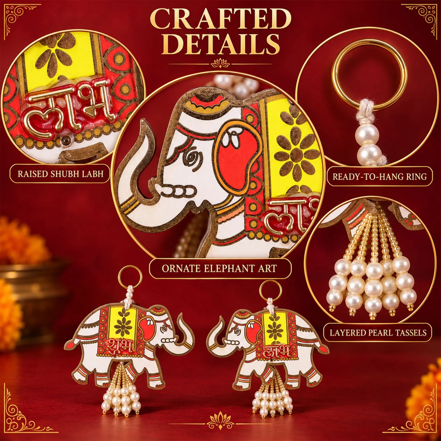 Wooden Elephant Shubh Labh Wall Hanging with Bead Tassels for Door and Festive Decor (2 Pc Set)