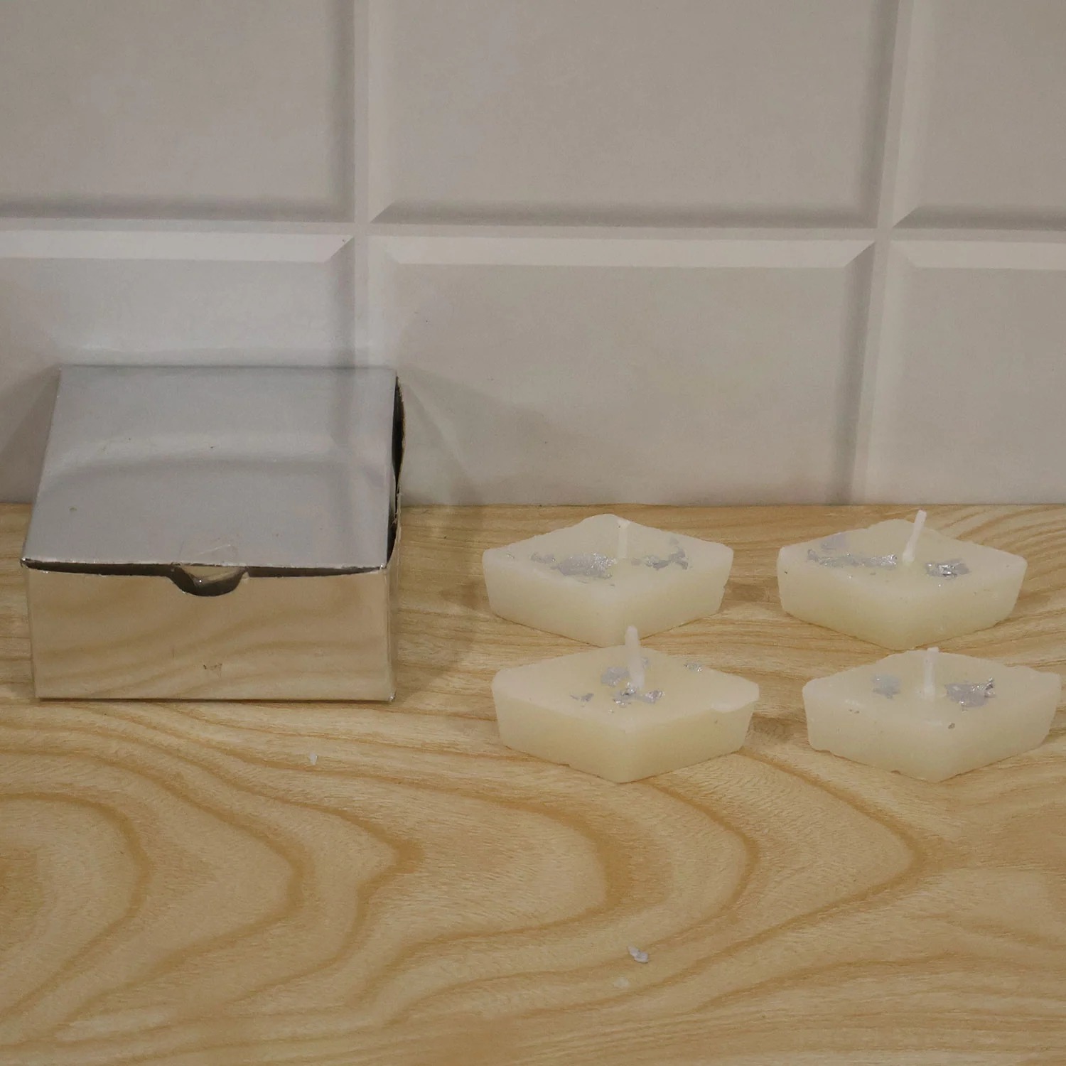 Kajukatri Design Wax Candles with Silver Foil for Diwali Pooja Decor (4 Pc Set)