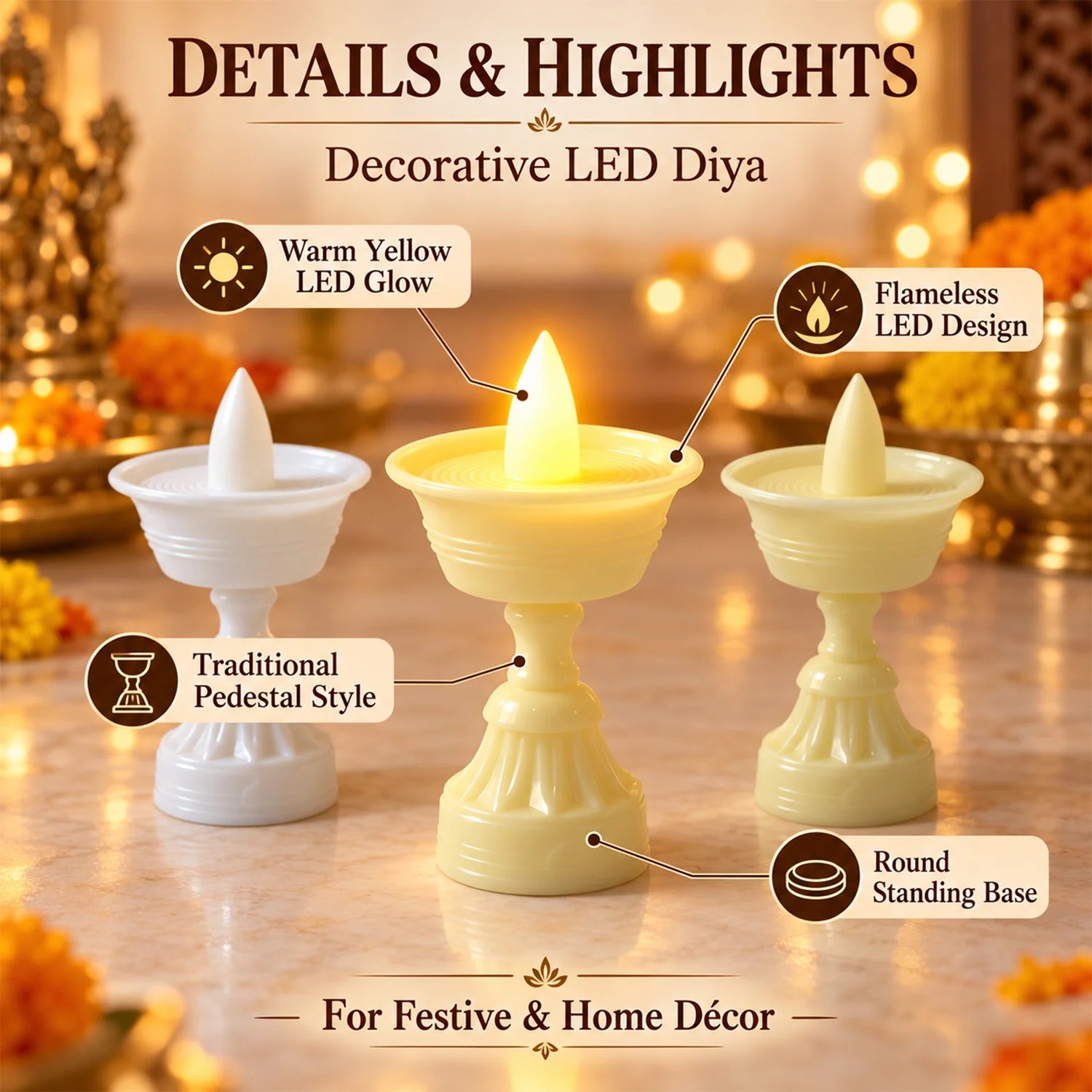 Flameless LED Decorative Diyas for Diwali Puja and Home Lighting (3 Pc Set)