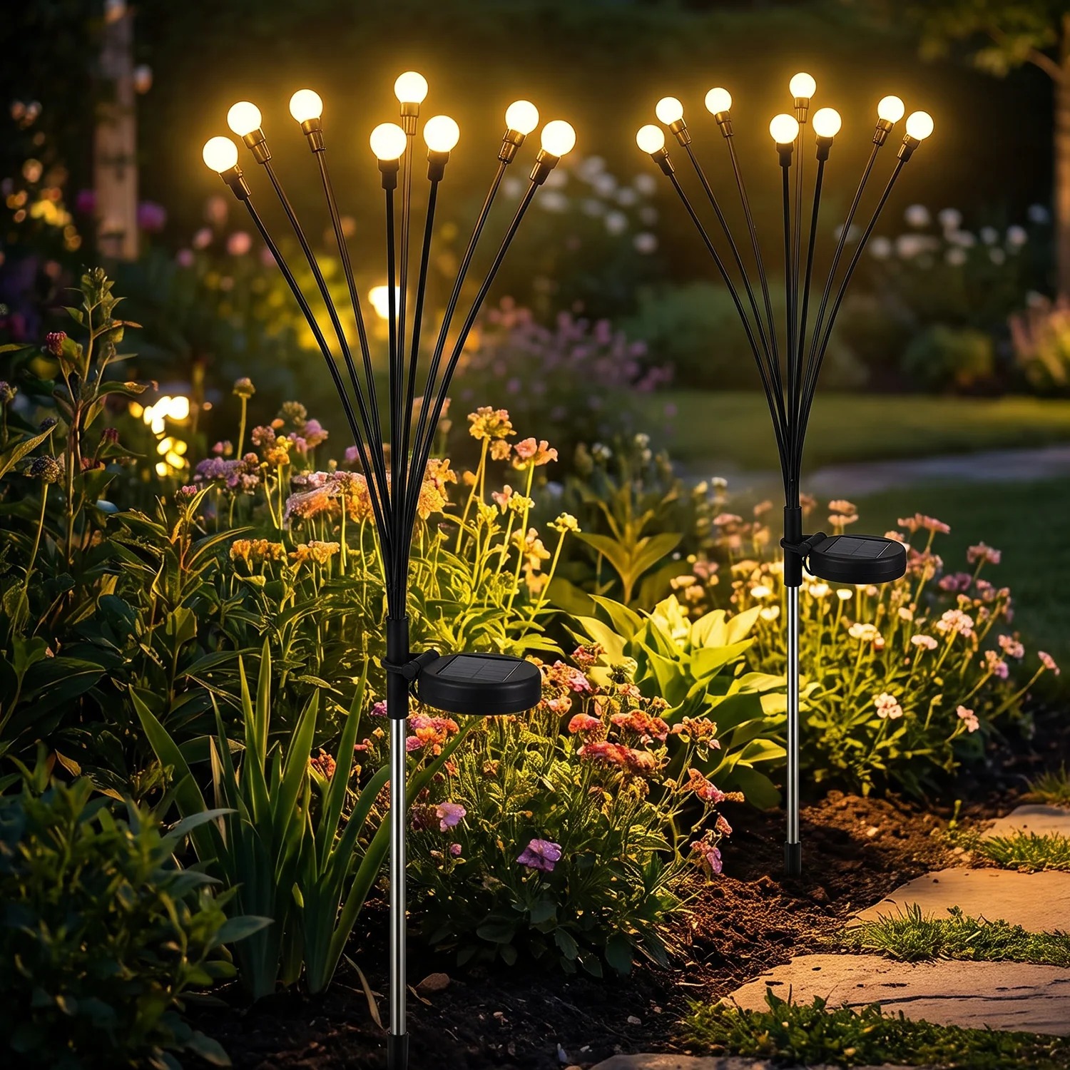 Solar Firefly LED Garden Stake Lights for Outdoor Lawn and Pathway Use (2 Pc Set)