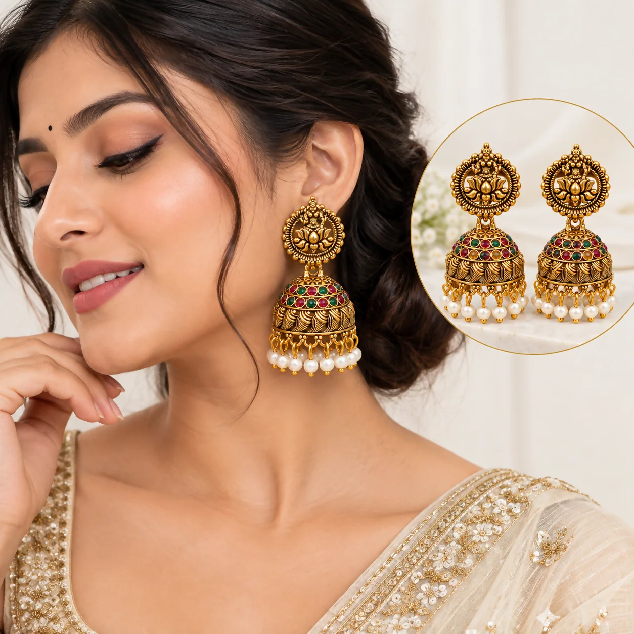 Traditional Gold Temple Jhumka Earrings with Pearl Drops and Multicolor Stones