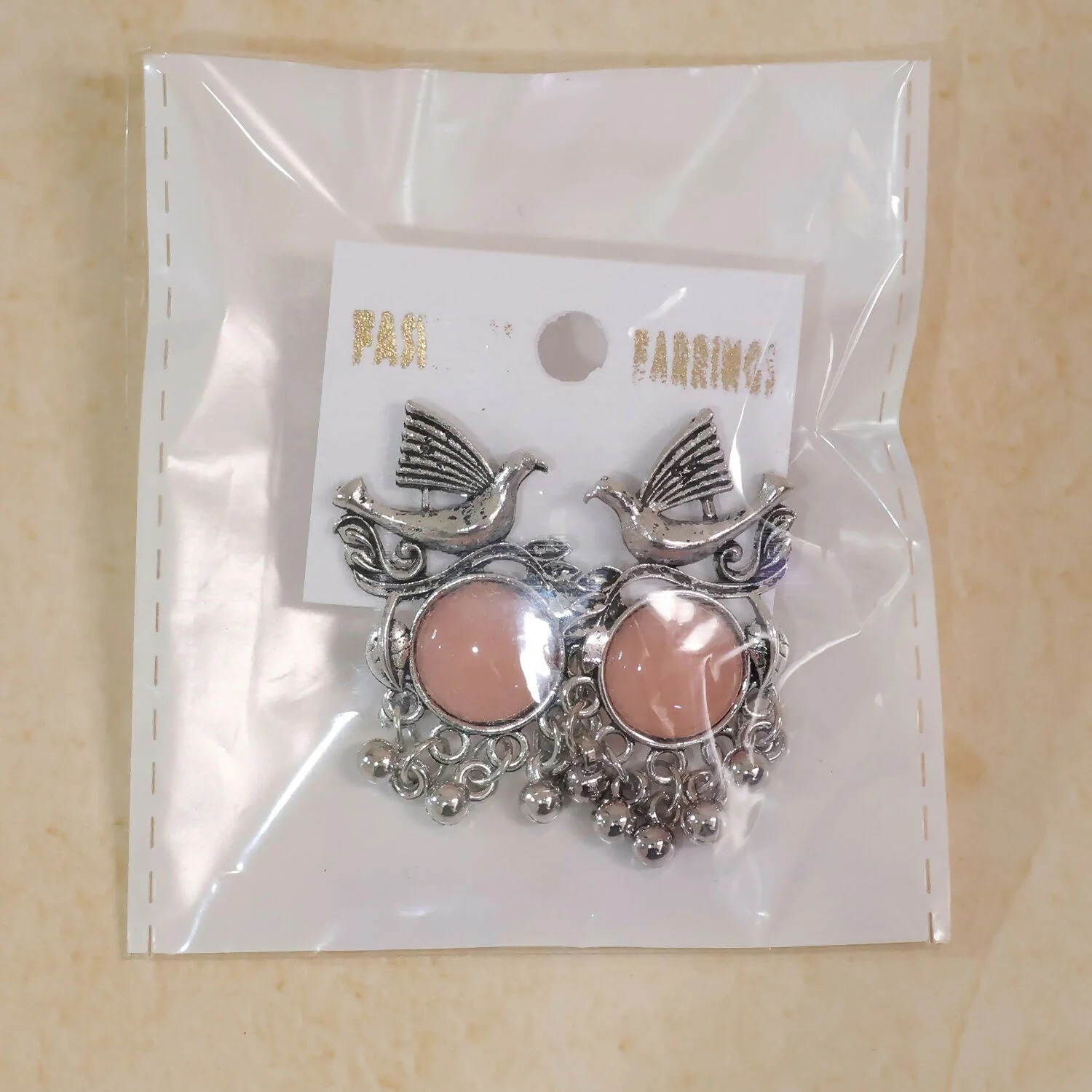 Antique Silver Bird Earrings with Pink Stone Dangle Design Boho Tribal Jewellery