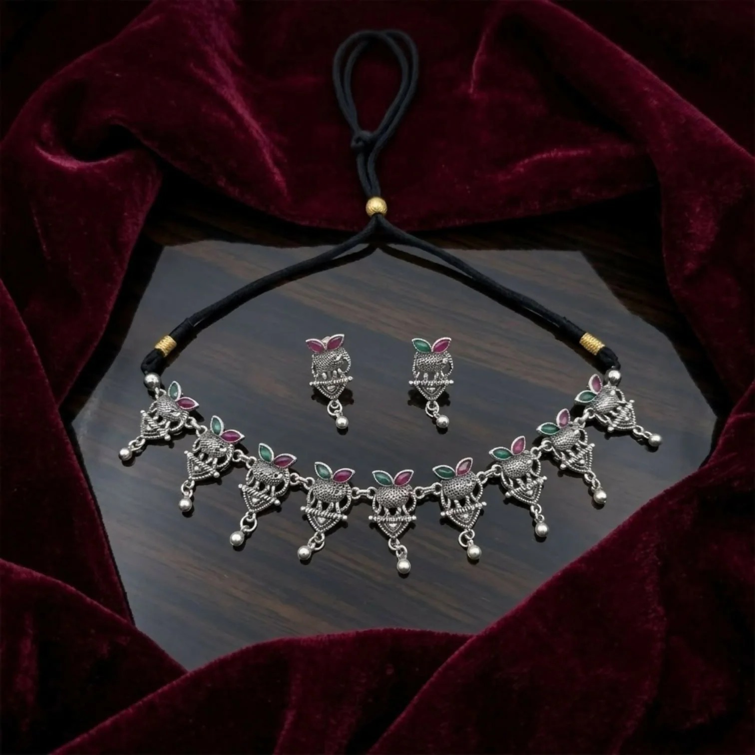 Ethnic Oxidised Choker Necklace with Leaf Stone Motifs, Bead Drops & Earrings Set