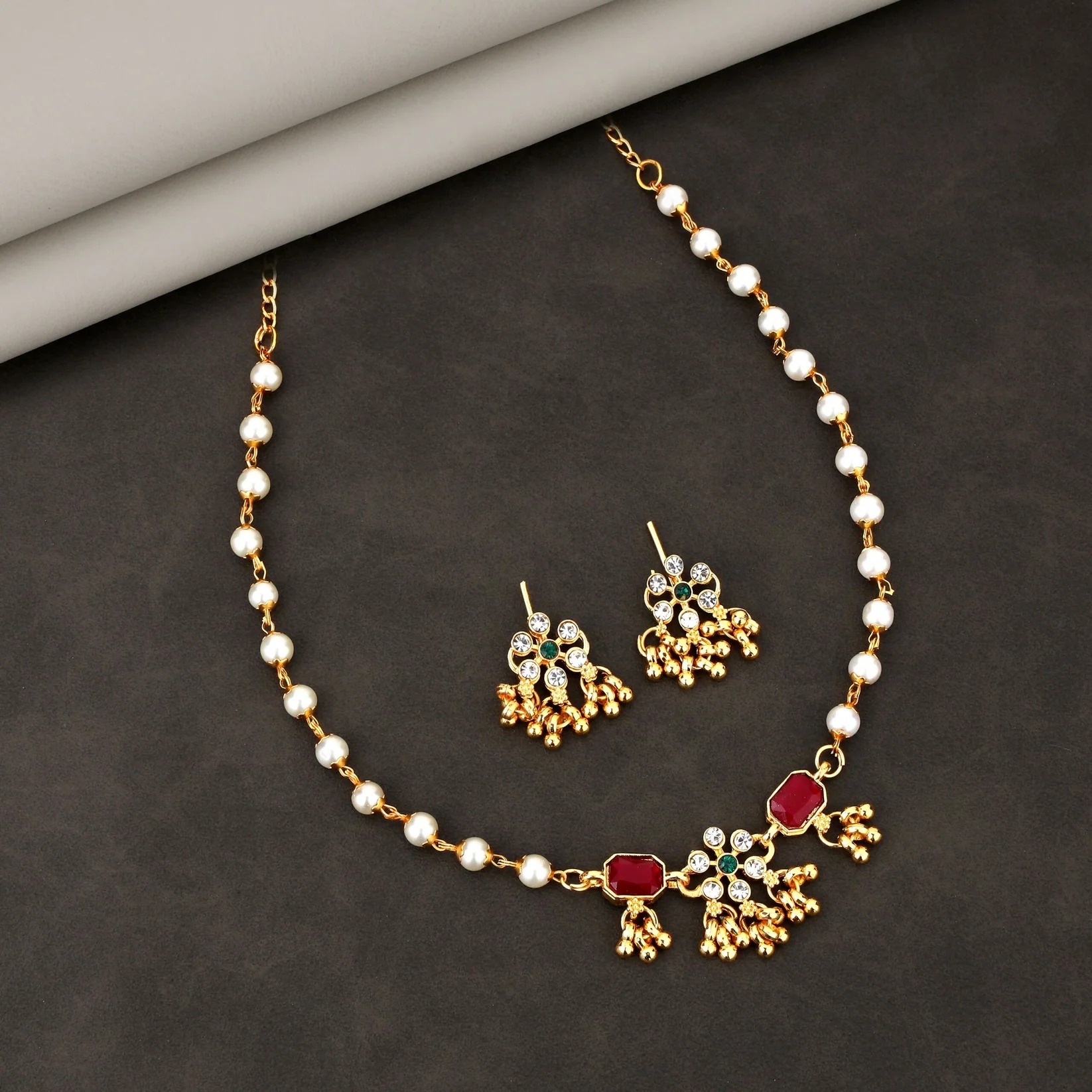 Gold Plated Pearl Mala Necklace Set With Jhumka Earrings Ruby Green Stone Jewellery