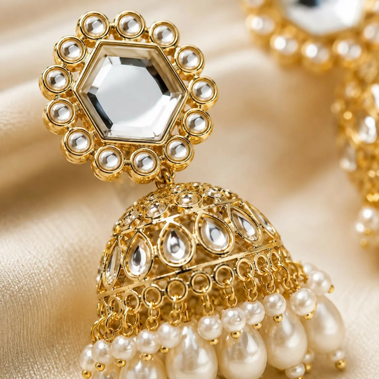 Traditional Gold Plated Kundan & Pearl Cluster Jhumka Earrings | Royal Uncut Glass Kundan Drop Earrings for Women