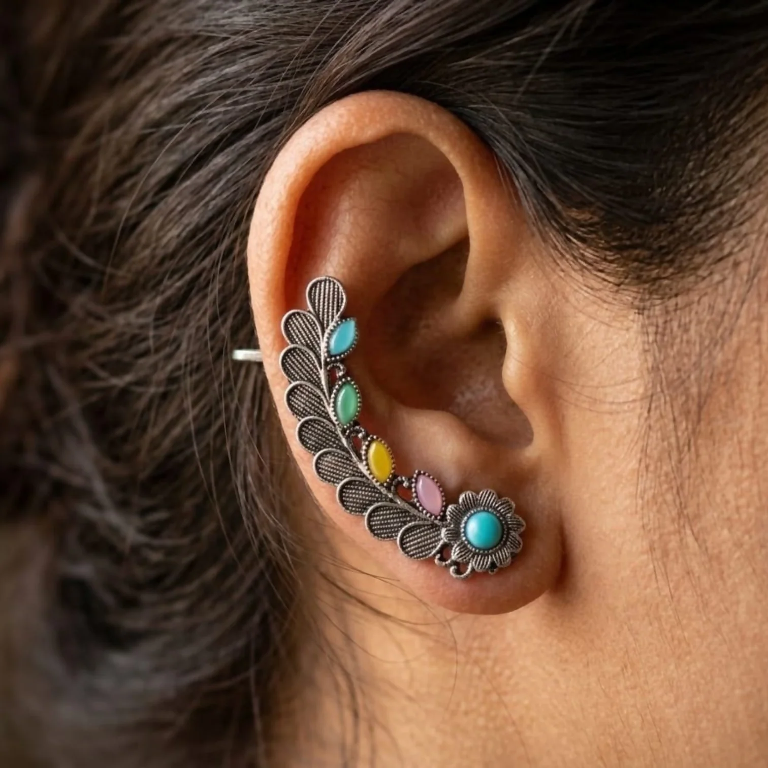 Multicolor Stone Leaf Floral Earrings with Oxidized Finish for Women and Girls
