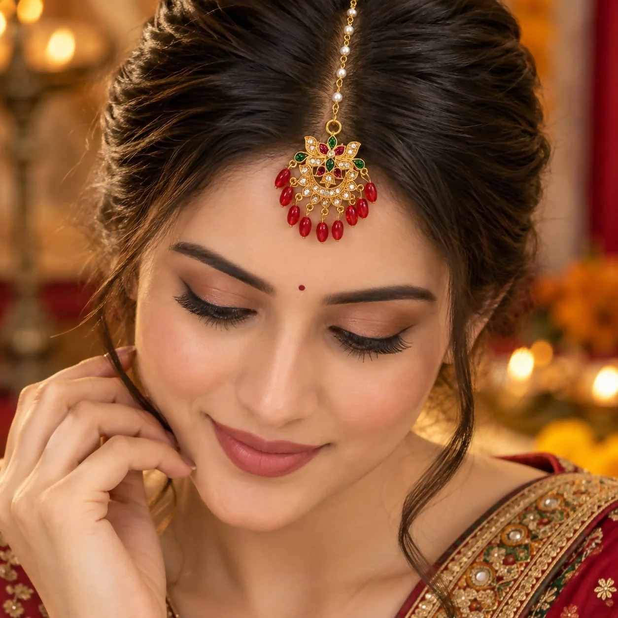 Pearl Chain Maang Tikka with Floral Stonework Pendant & Elegant Hanging Bead Drops