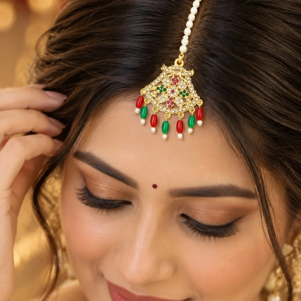Pearl Chain Maang Tikka with Ornate Stonework Pendant & Traditional Hanging Beads
