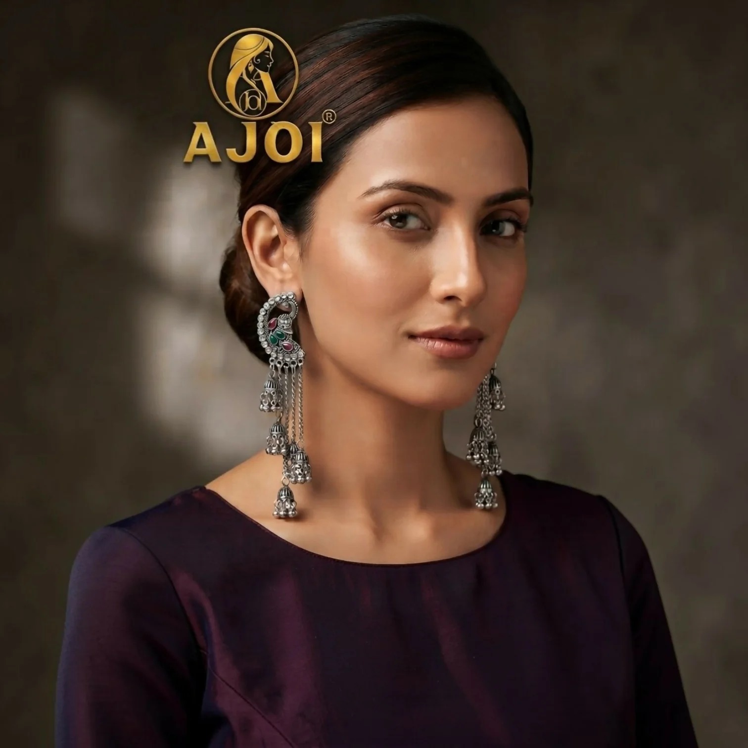 Silver Plated Oxidized Imitation Peacock Motif Multi Tier Jhumka Drop Earrings