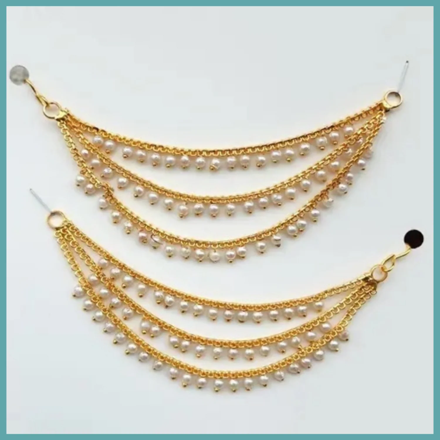 Gold Plated Ruby Emerald Stone Ear Chain – Traditional 3 Layer Drop Jewellery