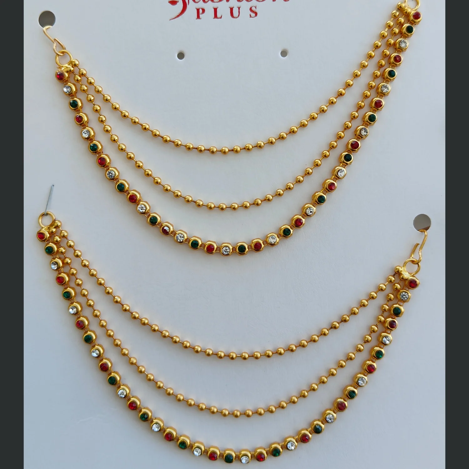 Gold Plated Triple Strand Ear Chains – Multi-Color Stones for Weddings