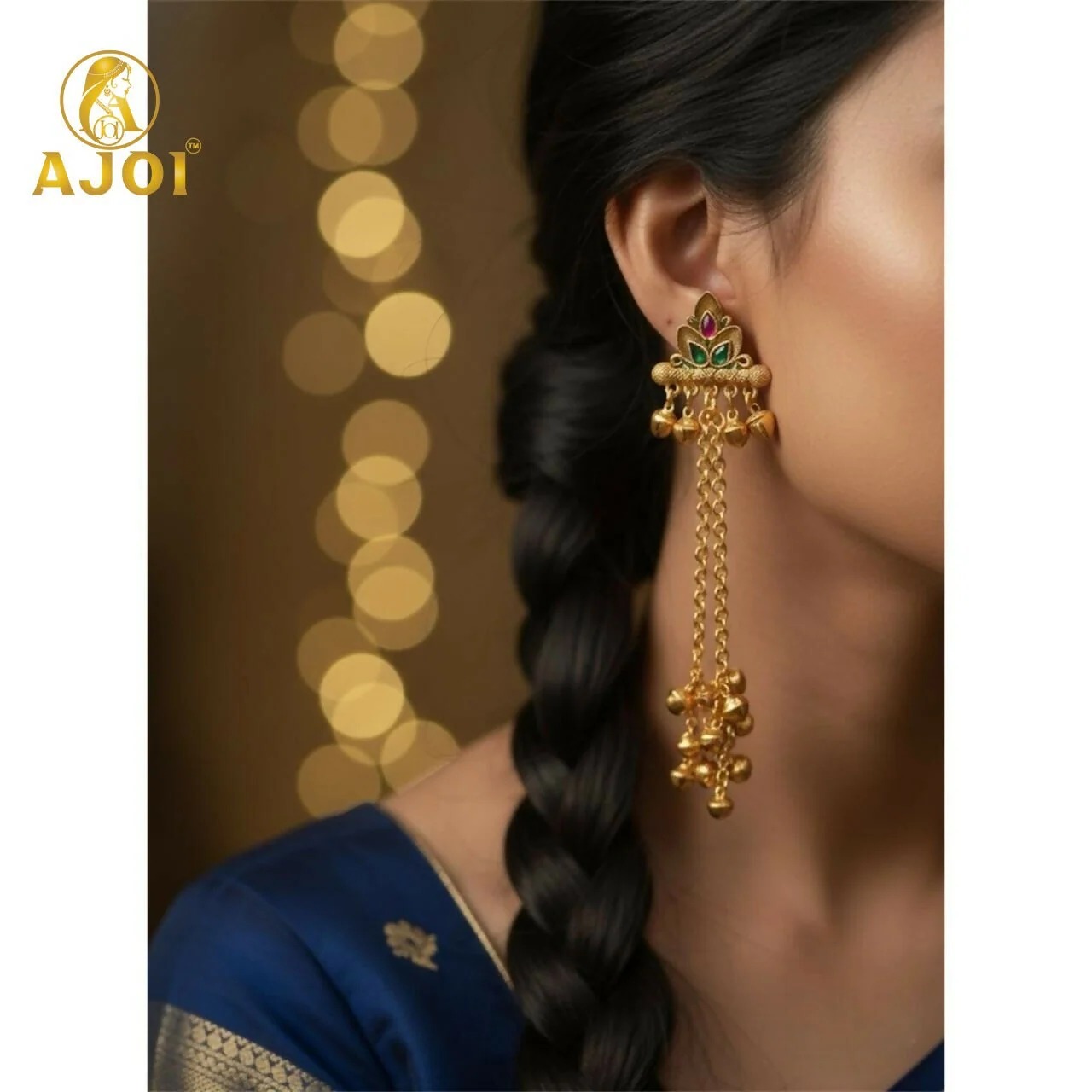 Kashmiri Long Chain Ghungroo Earrings – Elegant Festive Jewellery