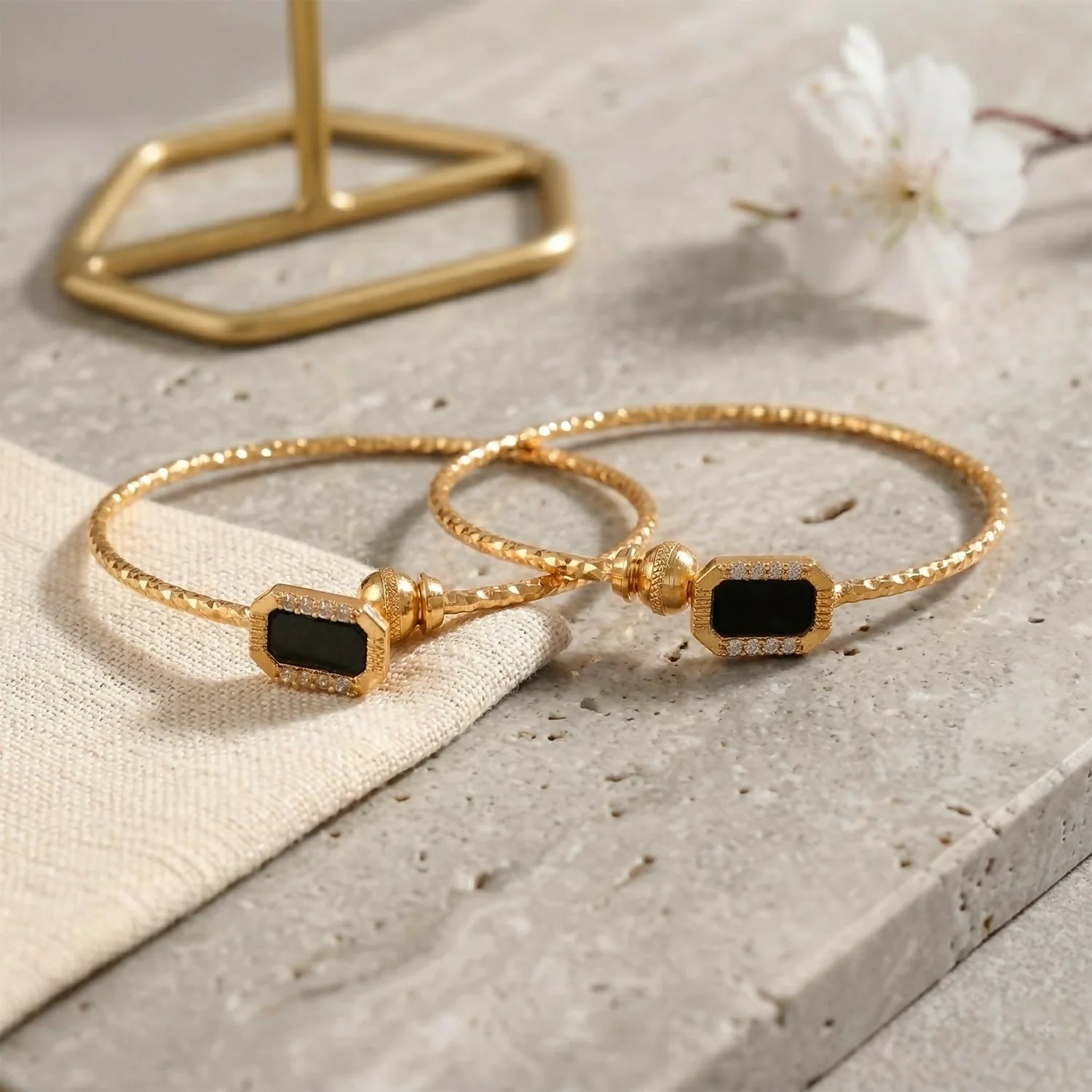 Gold Plated Black Stone Bangle – Adjustable & Elegant Design