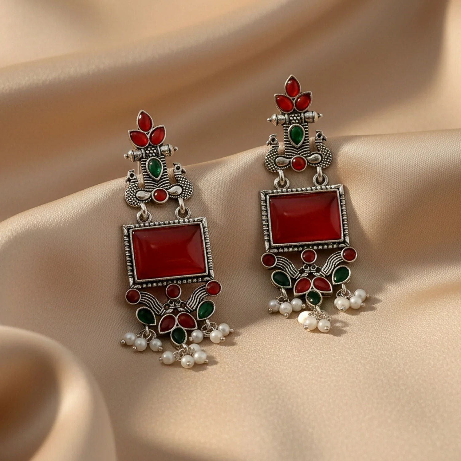 Oxidised Silver Peacock Earrings with Red Green Stones and Pearl Drops for Women