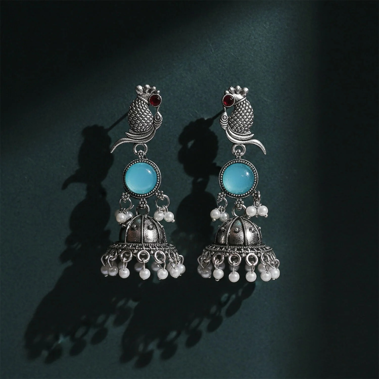 Oxidised Silver Peacock Jhumka Earrings with Sky Blue Stone and Pearl Drops Women