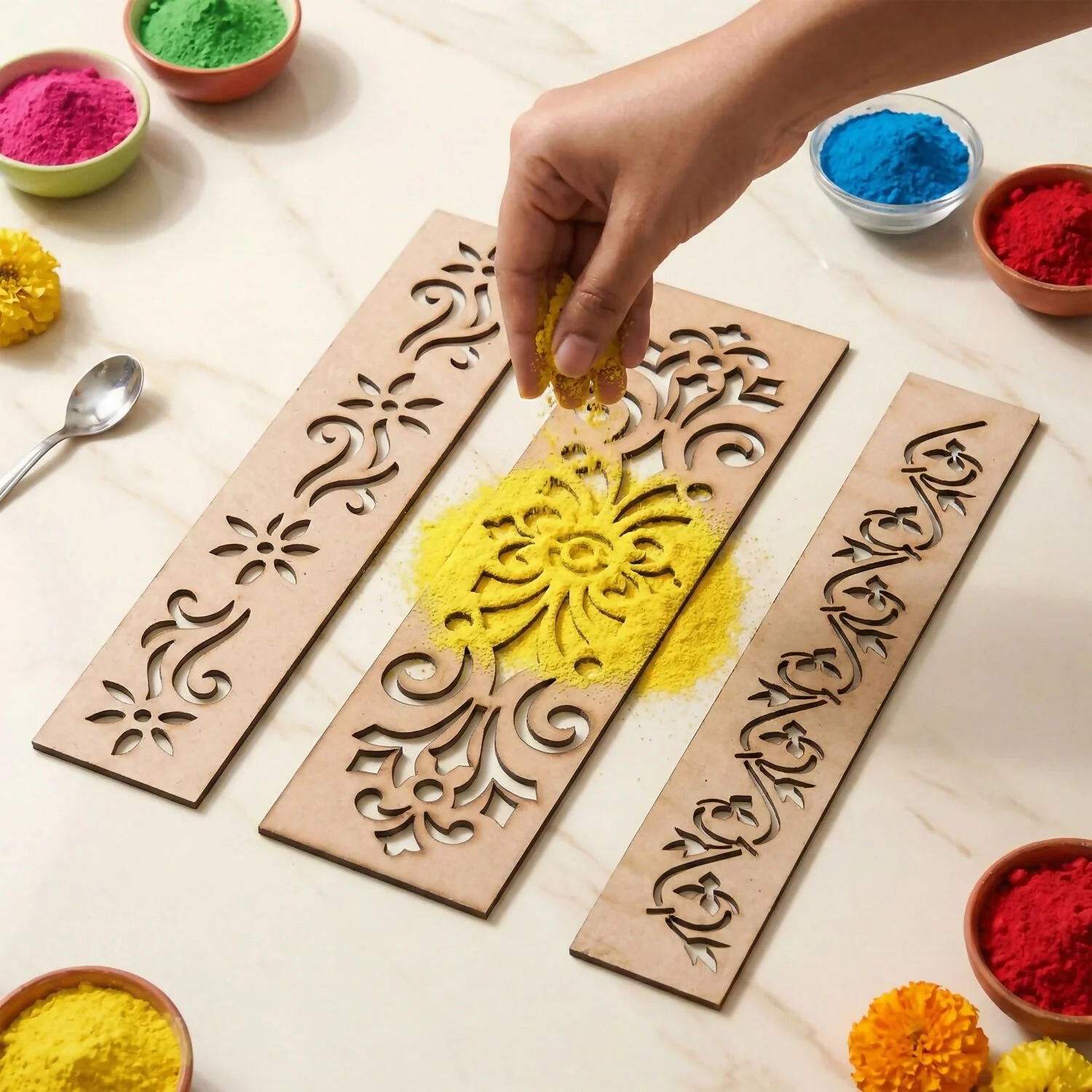 Wooden Rangoli Border Stencil Set of 5 – Reusable MDF Designs for Festive Decor