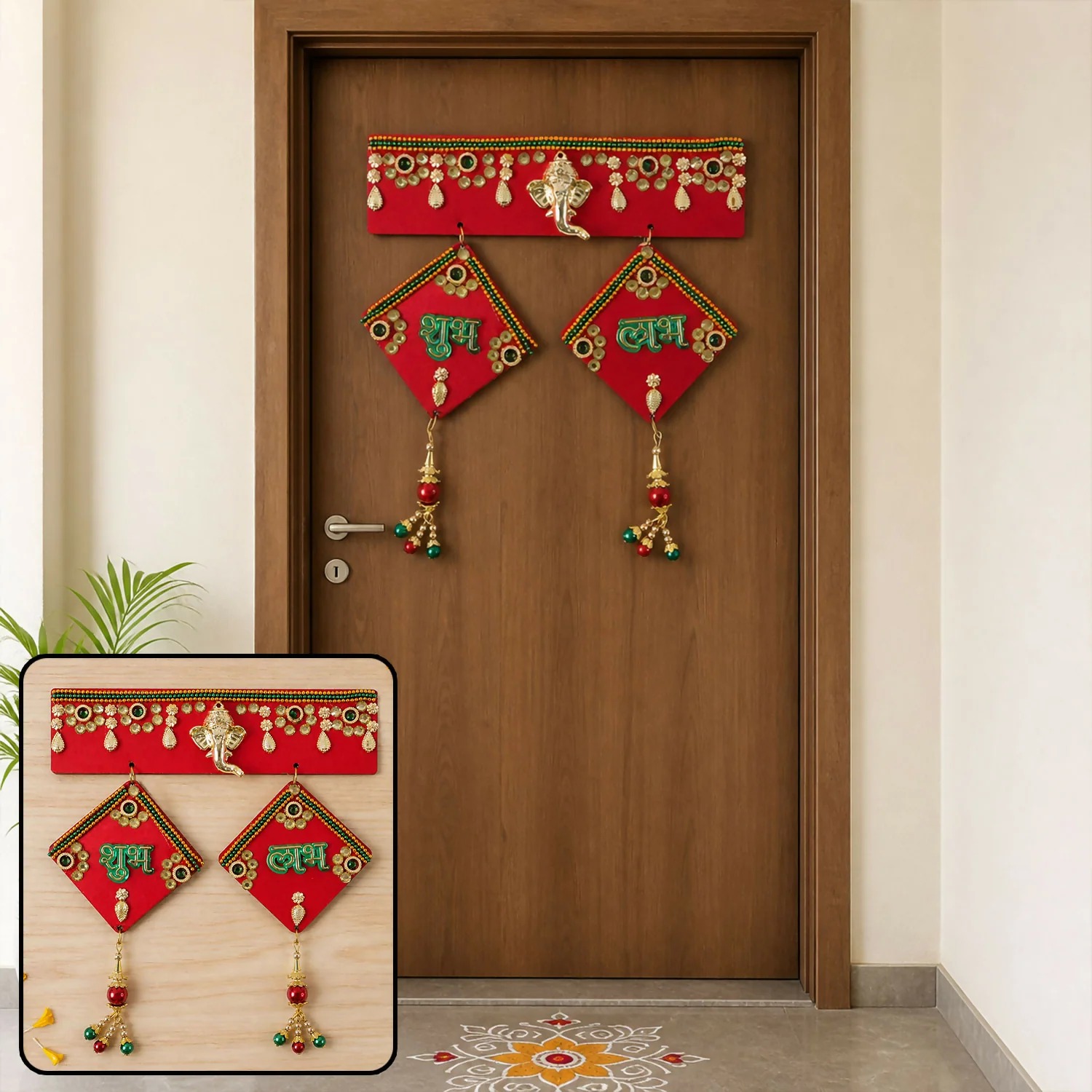 Shubh Labh Ganesha Door Hanging with Beads & Bells for Home Decor